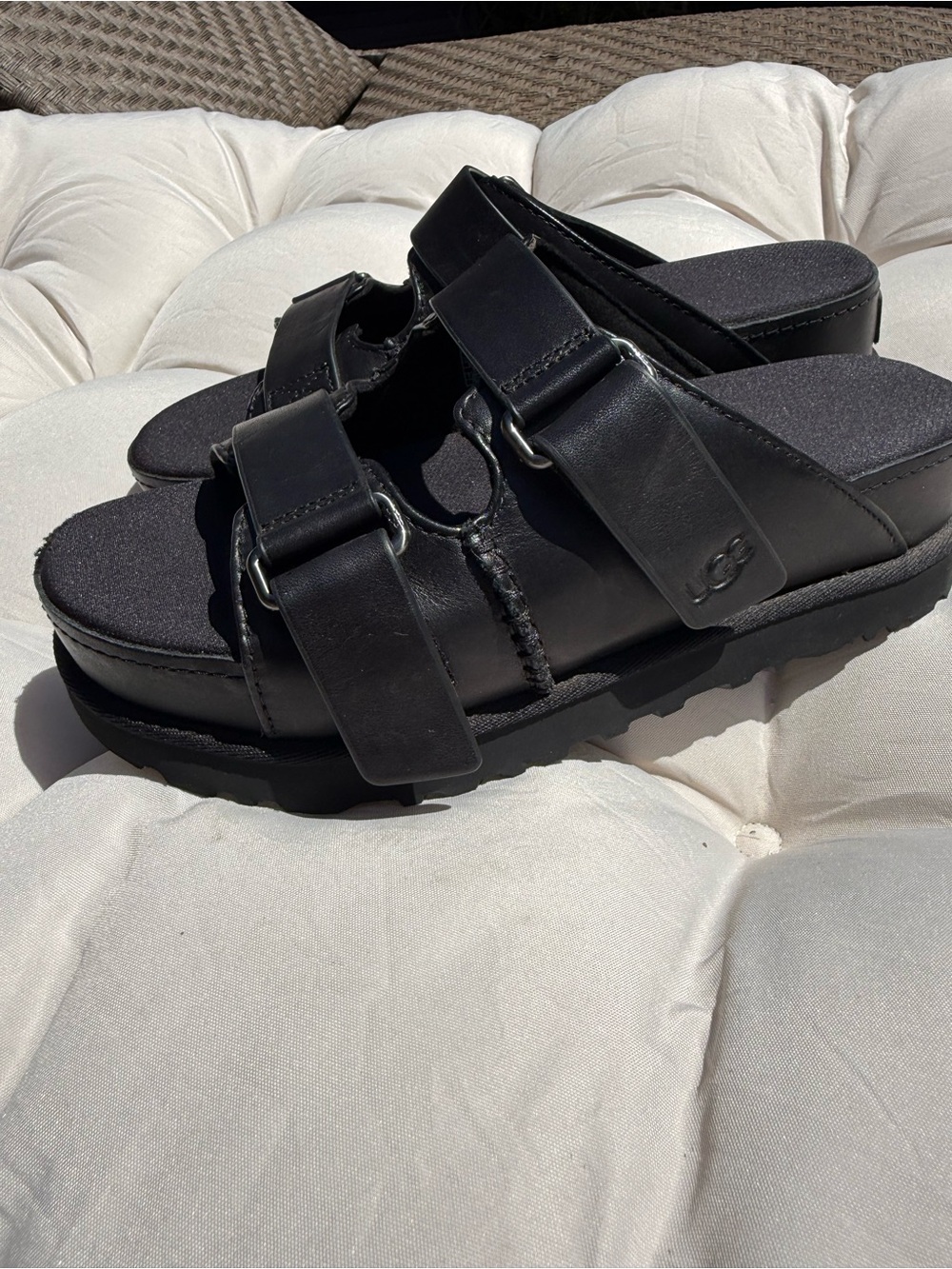 UGG Black Leather Buckle Slide Sandals